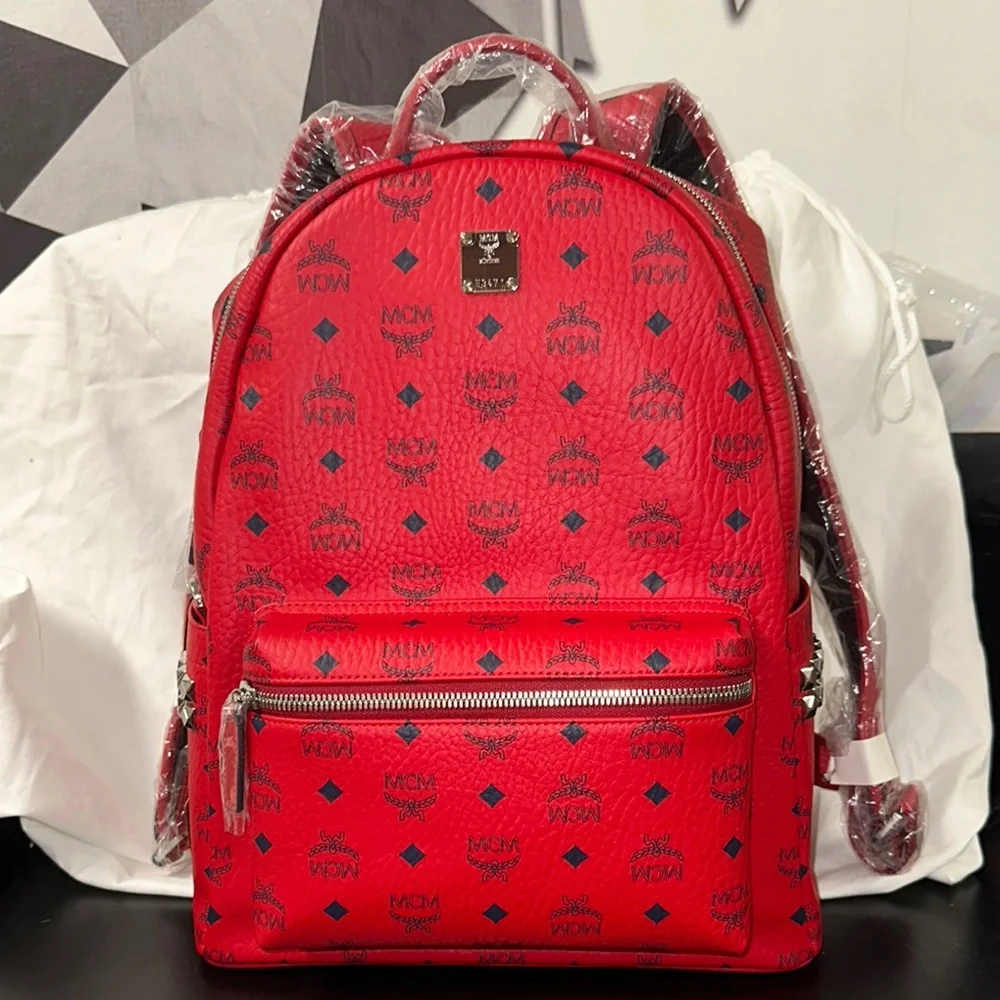 MCM Stark Side Studded Red Visatos Monogram Backpack with Leather Trim - Picture 2 of 16